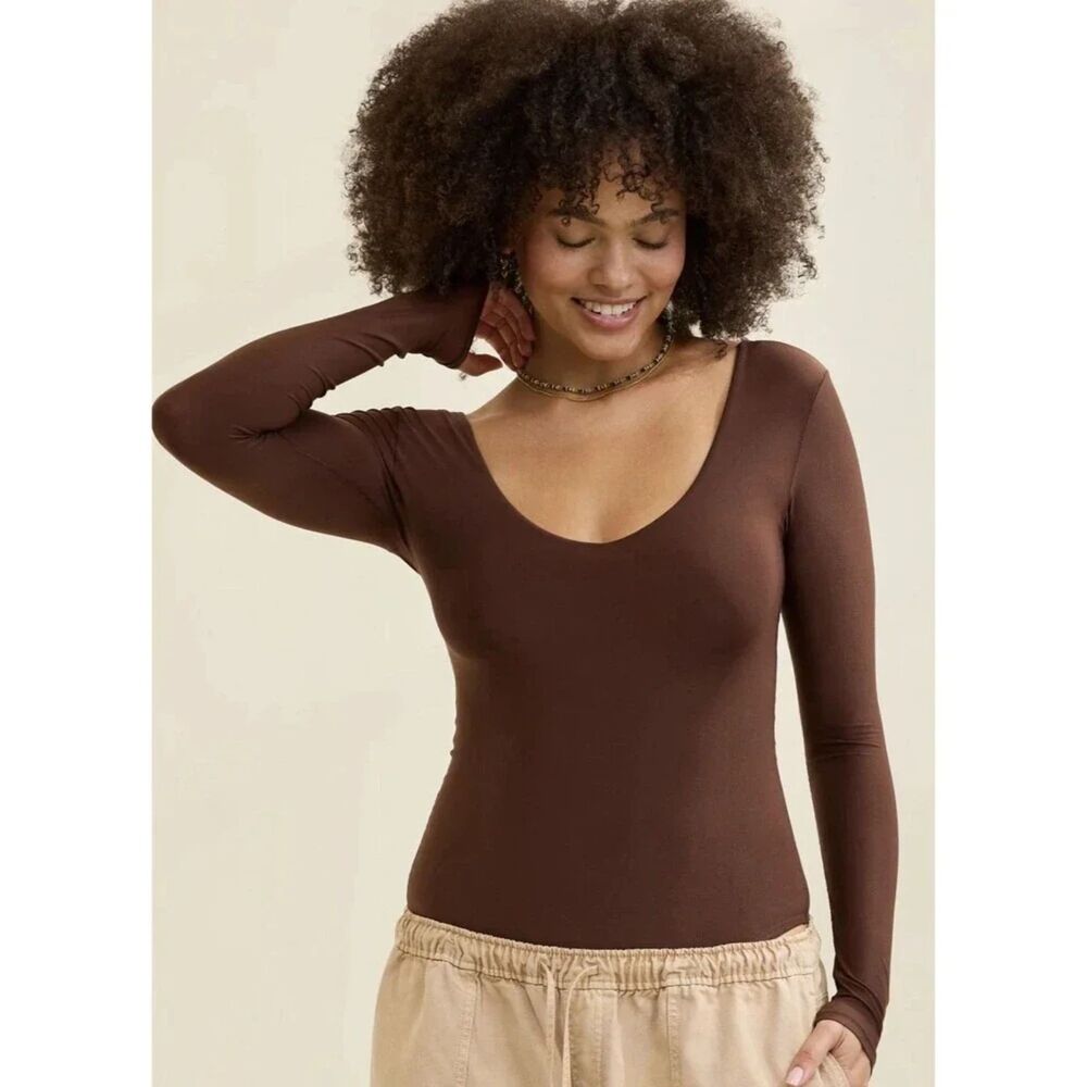 Aerie Smoothez Brown Scoop Neck Long Sleeve Sculpt Thong Bodysuit Top Medium M